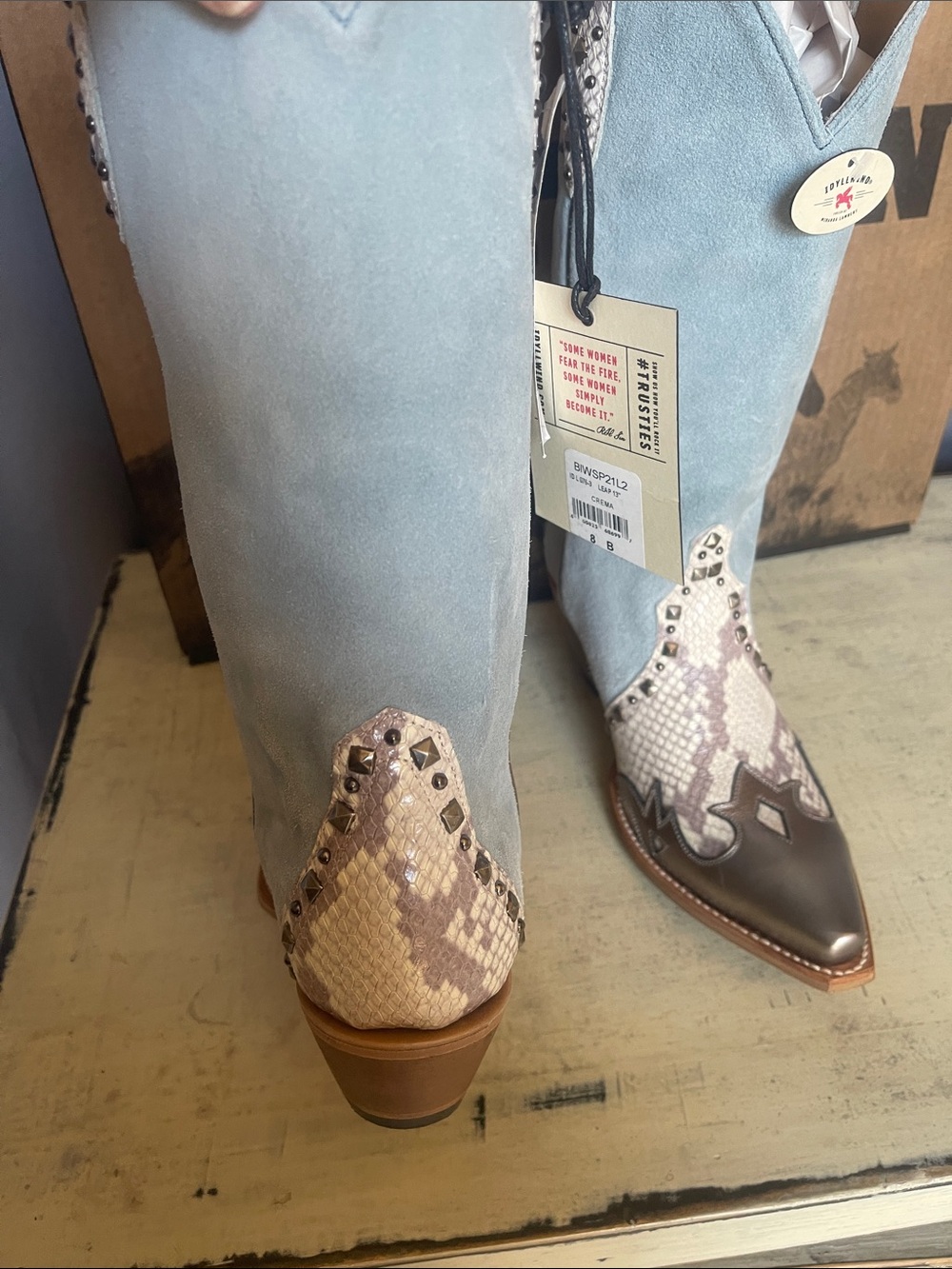 Light Blue Suede Western Cowboy Boots with Snakeskin Accent - Picture 4 of 5
